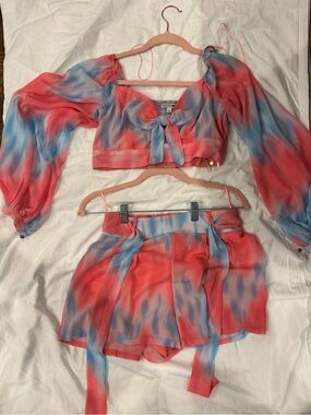 Fashion Nova Pink & Blue Tie-Front Sheer Crop Top AND Bottom SET